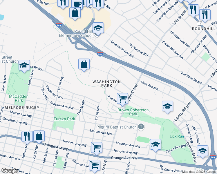 map of restaurants, bars, coffee shops, grocery stores, and more near 1118 Alview Avenue Northwest in Roanoke