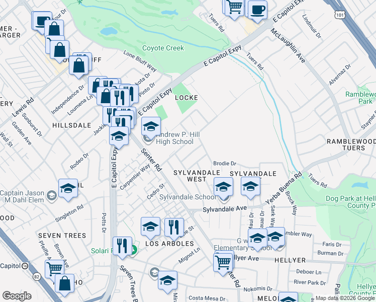 map of restaurants, bars, coffee shops, grocery stores, and more near 685 Jennings Drive in San Jose