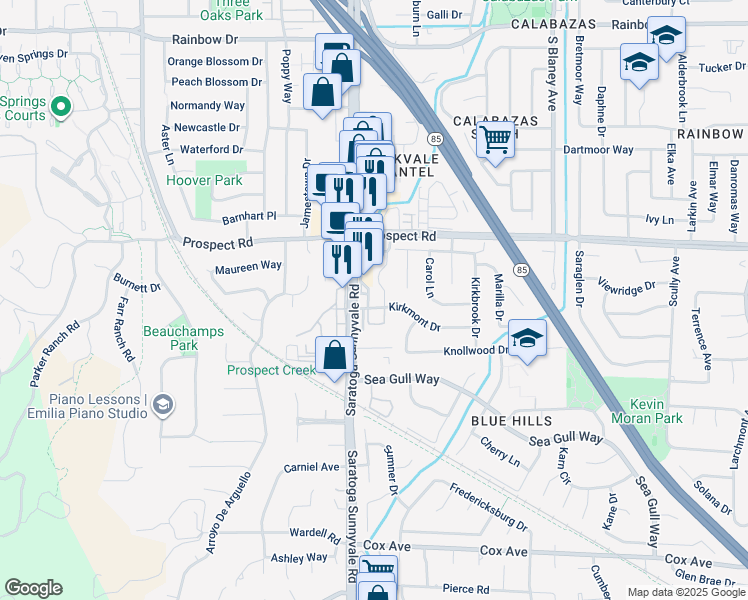 map of restaurants, bars, coffee shops, grocery stores, and more near 20451 Kirkmont Drive in Saratoga