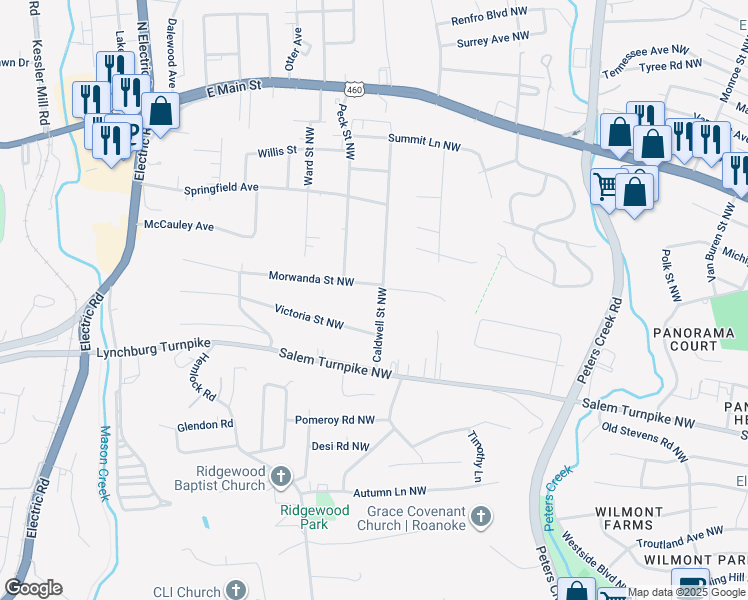 map of restaurants, bars, coffee shops, grocery stores, and more near 628 Caldwell Street Northwest in Roanoke
