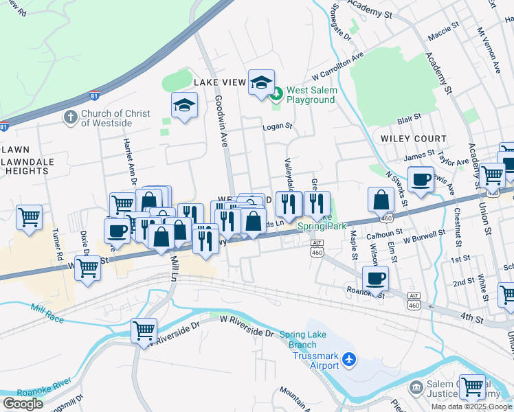 map of restaurants, bars, coffee shops, grocery stores, and more near 100 Bruffey Street in Salem