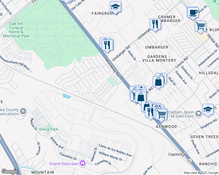 map of restaurants, bars, coffee shops, grocery stores, and more near 61 Montecito Vista Drive in San Jose
