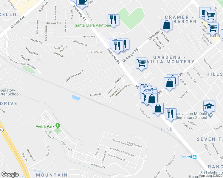map of restaurants, bars, coffee shops, grocery stores, and more near 156 Esfahan Drive in San Jose