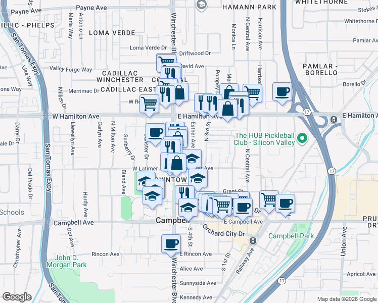 map of restaurants, bars, coffee shops, grocery stores, and more near 293 Esther Avenue in Campbell