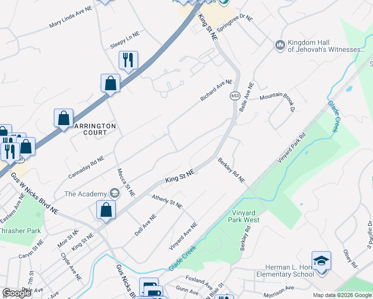 map of restaurants, bars, coffee shops, grocery stores, and more near 3101-3103 Belle Avenue Northeast in Roanoke