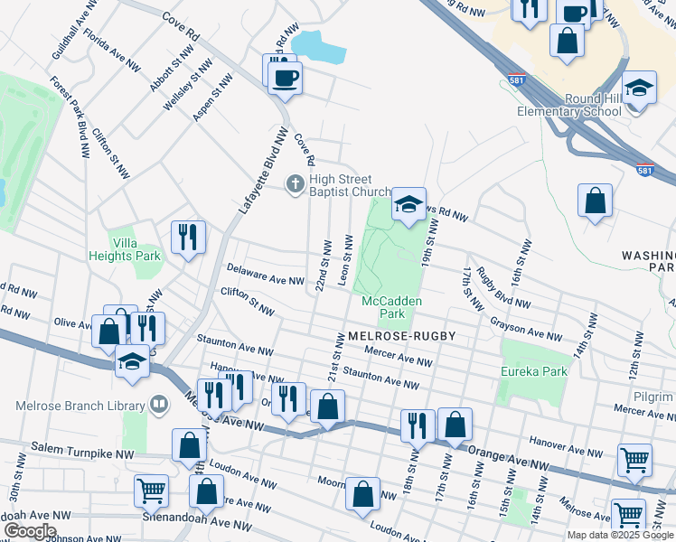 map of restaurants, bars, coffee shops, grocery stores, and more near 1318 Leon Street Northwest in Roanoke