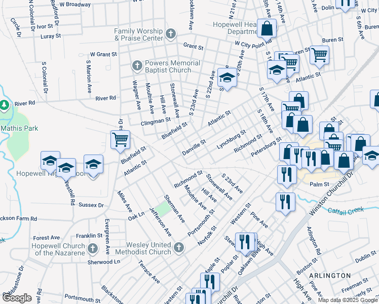map of restaurants, bars, coffee shops, grocery stores, and more near 2401 Danville Street in Hopewell