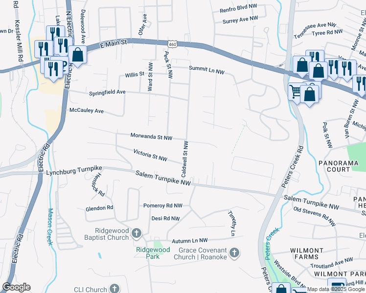 map of restaurants, bars, coffee shops, grocery stores, and more near 628 Caldwell Street Northwest in Roanoke