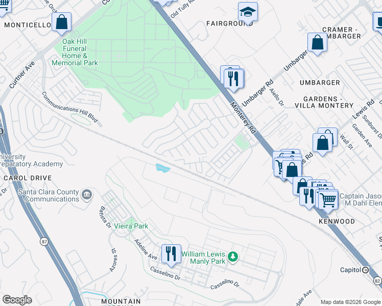 map of restaurants, bars, coffee shops, grocery stores, and more near 393 Chateau La Salle Drive in San Jose