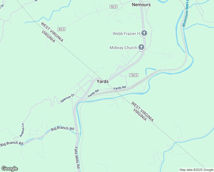 map of restaurants, bars, coffee shops, grocery stores, and more near 333 Yards Road in Bluefield