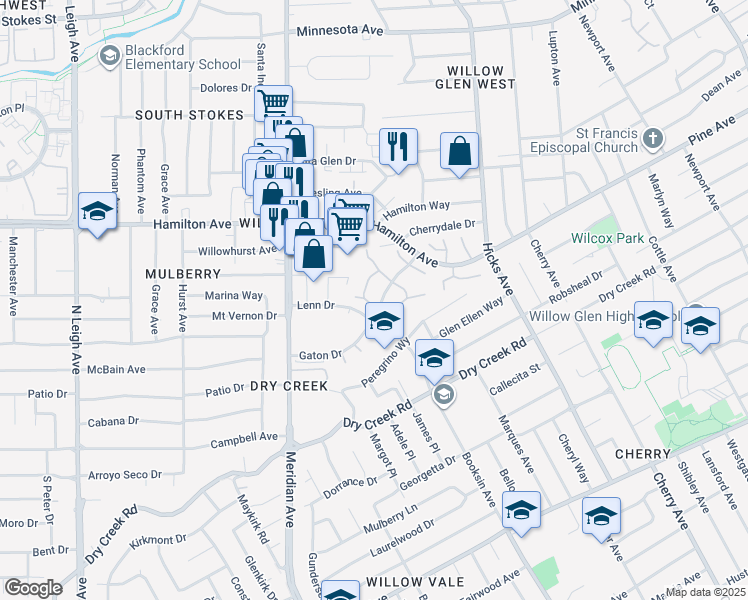 map of restaurants, bars, coffee shops, grocery stores, and more near 1646 Elderberry Way in San Jose