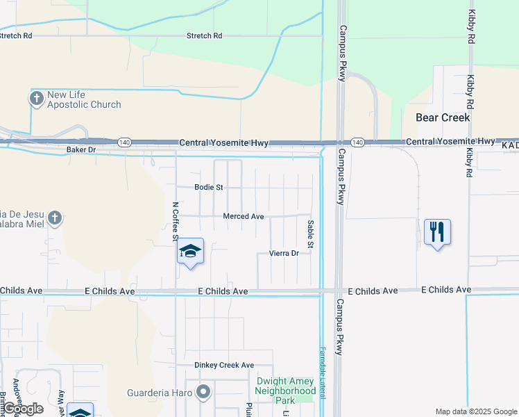 map of restaurants, bars, coffee shops, grocery stores, and more near 224 Dylan Street in Merced