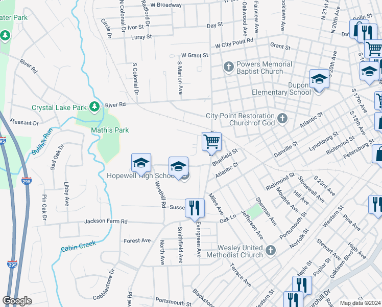 map of restaurants, bars, coffee shops, grocery stores, and more near 3002 Sunset Circle in Hopewell