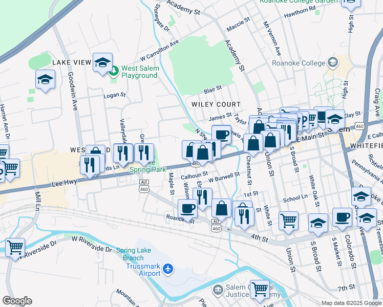 map of restaurants, bars, coffee shops, grocery stores, and more near 505 West Main Street in Salem