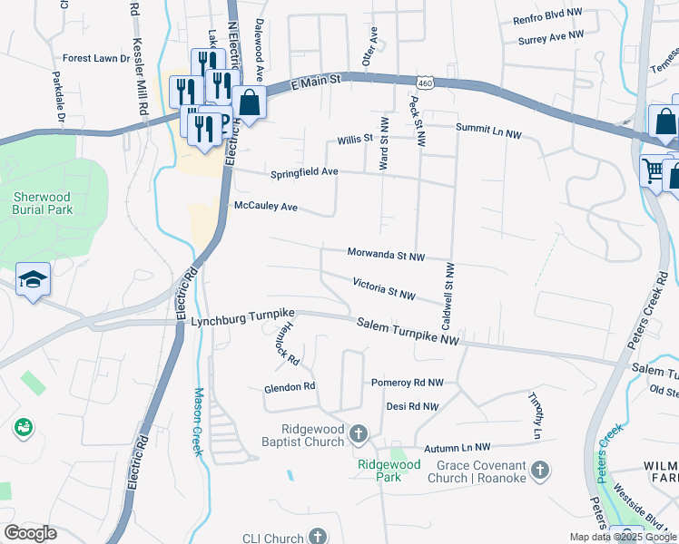 map of restaurants, bars, coffee shops, grocery stores, and more near 5237 Victoria Street Northwest in Roanoke
