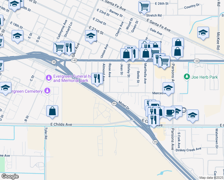 map of restaurants, bars, coffee shops, grocery stores, and more near 1303 Merced Avenue in Merced