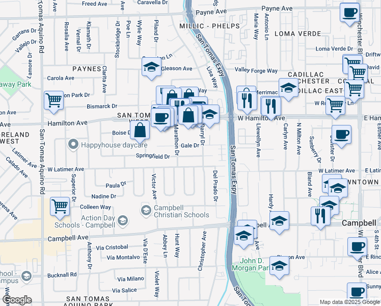 map of restaurants, bars, coffee shops, grocery stores, and more near 826 Springfield Drive in Campbell