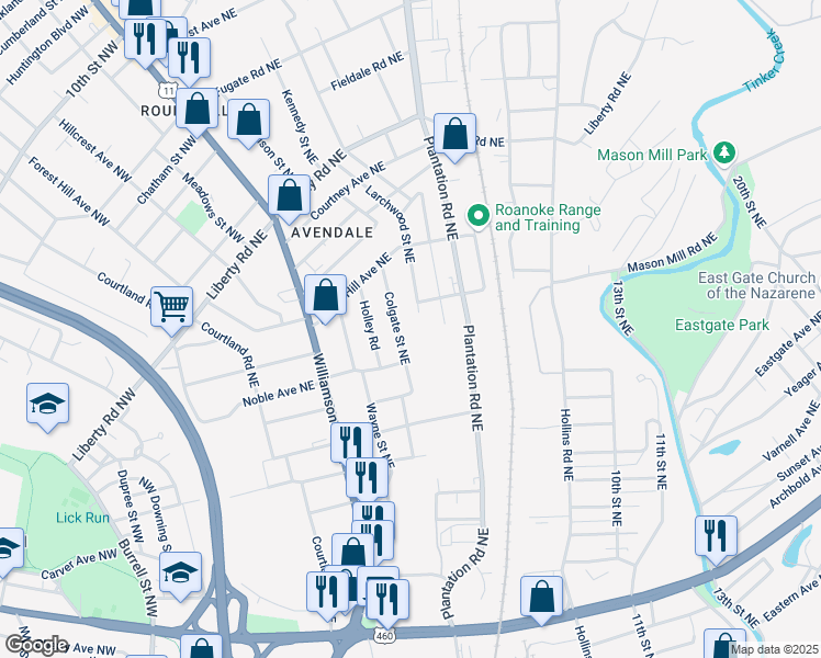 map of restaurants, bars, coffee shops, grocery stores, and more near 2027 Colgate Street Northeast in Roanoke