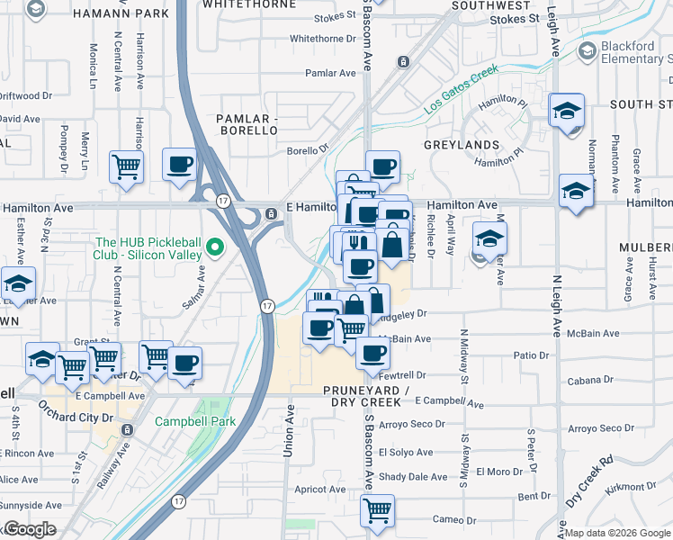 map of restaurants, bars, coffee shops, grocery stores, and more near 1725 South Bascom Avenue in Campbell