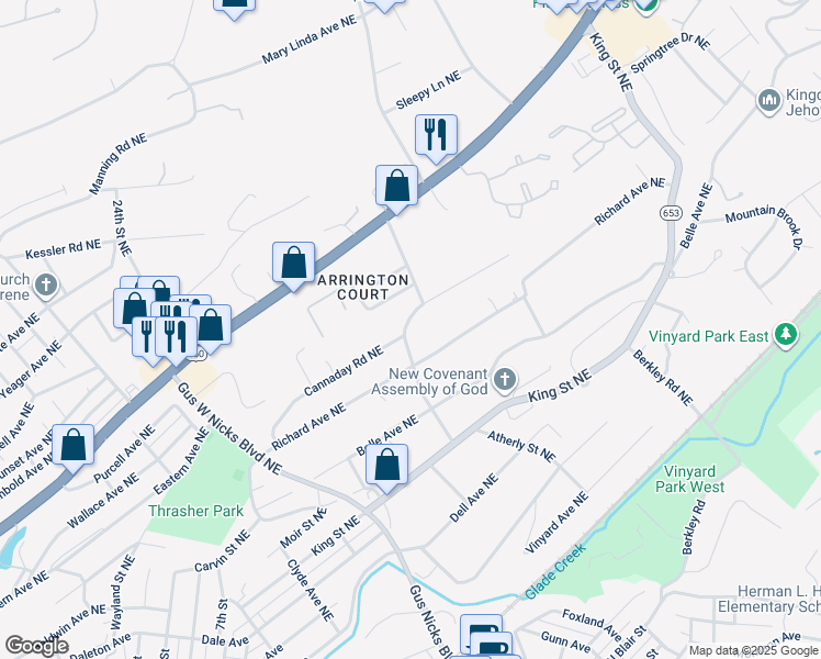 map of restaurants, bars, coffee shops, grocery stores, and more near 2811 Cannaday Road Northeast in Roanoke