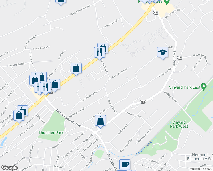 map of restaurants, bars, coffee shops, grocery stores, and more near 2811 Cannaday Road Northeast in Roanoke