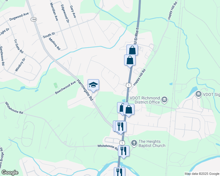 map of restaurants, bars, coffee shops, grocery stores, and more near 2709 Amherst Ridge Loop in Colonial Heights