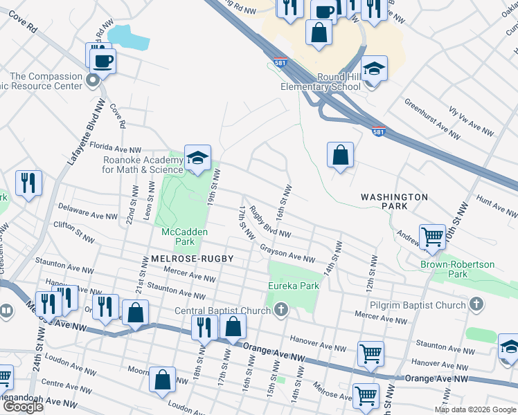 map of restaurants, bars, coffee shops, grocery stores, and more near 1606 Syracuse Ave NW in Roanoke