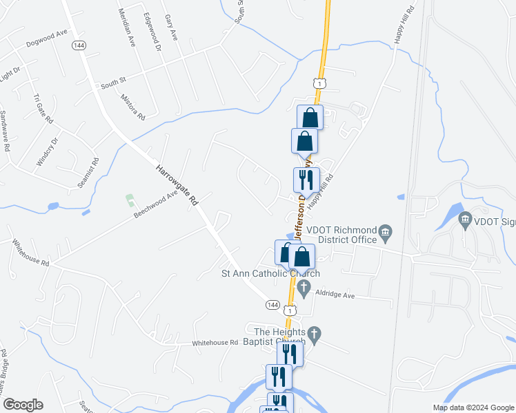 map of restaurants, bars, coffee shops, grocery stores, and more near 2709 Amherst Ridge Loop in Colonial Heights