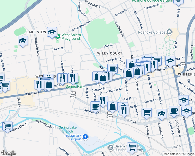map of restaurants, bars, coffee shops, grocery stores, and more near 505 West Main Street in Salem