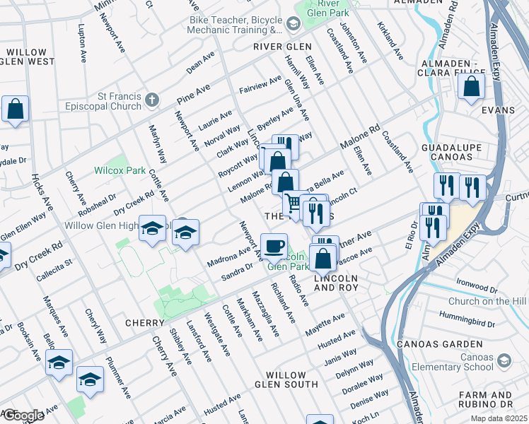 map of restaurants, bars, coffee shops, grocery stores, and more near 2101 Radio Avenue in San Jose