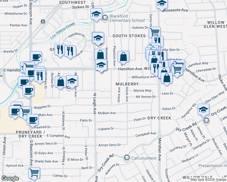 map of restaurants, bars, coffee shops, grocery stores, and more near 1780 Phantom Avenue in San Jose