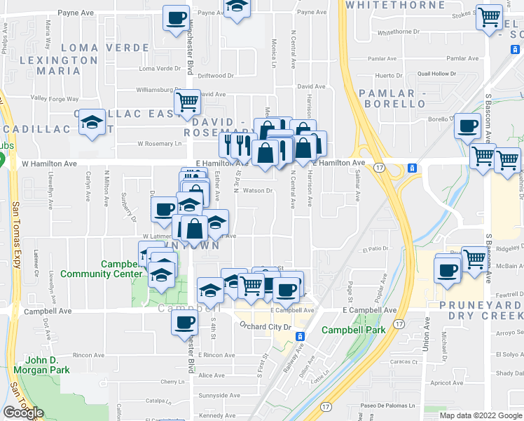 map of restaurants, bars, coffee shops, grocery stores, and more near 312 North 2nd Street in Campbell