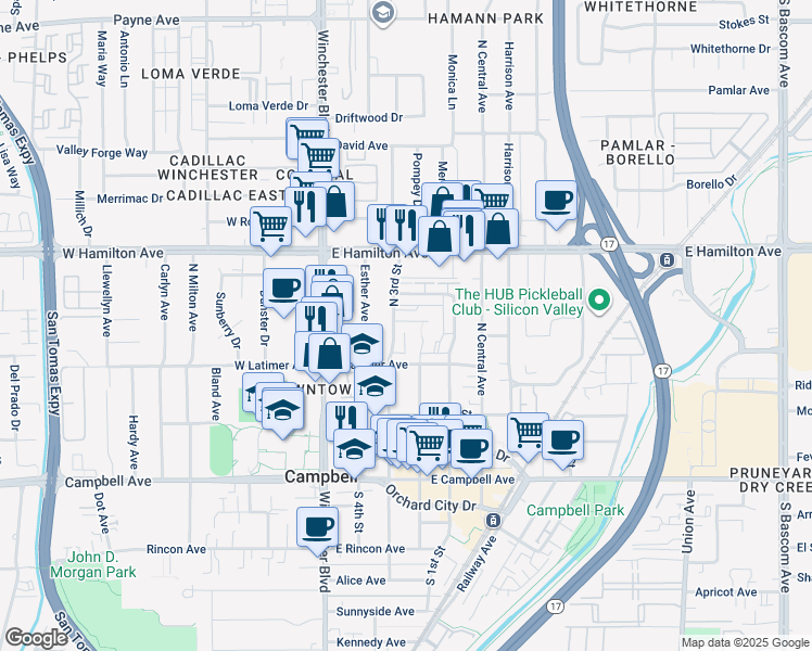 map of restaurants, bars, coffee shops, grocery stores, and more near 314 North 3rd Street in Campbell