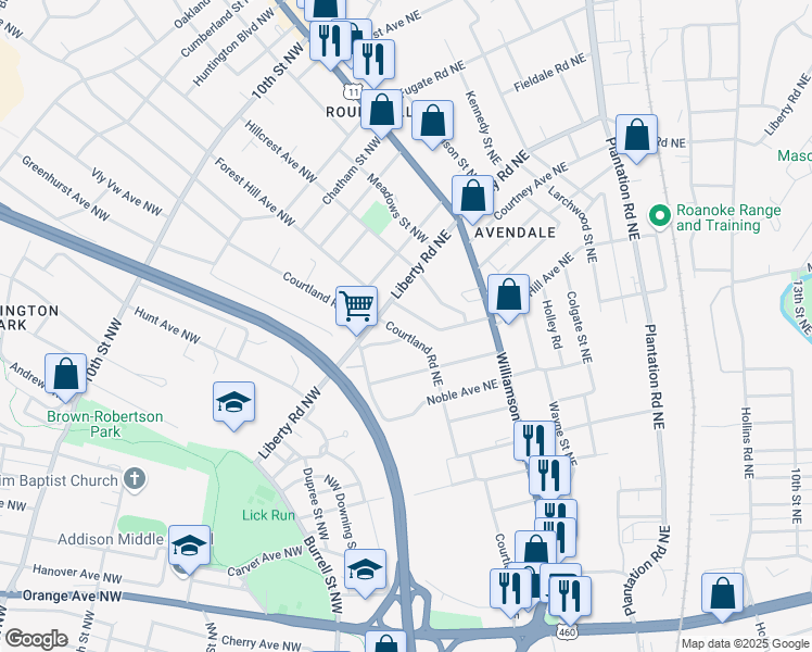map of restaurants, bars, coffee shops, grocery stores, and more near 2135 Courtland Road Northeast in Roanoke