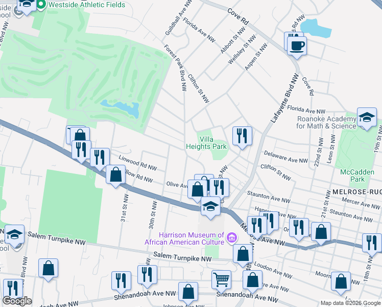 map of restaurants, bars, coffee shops, grocery stores, and more near 1047-1099 Palm Avenue Northwest in Roanoke