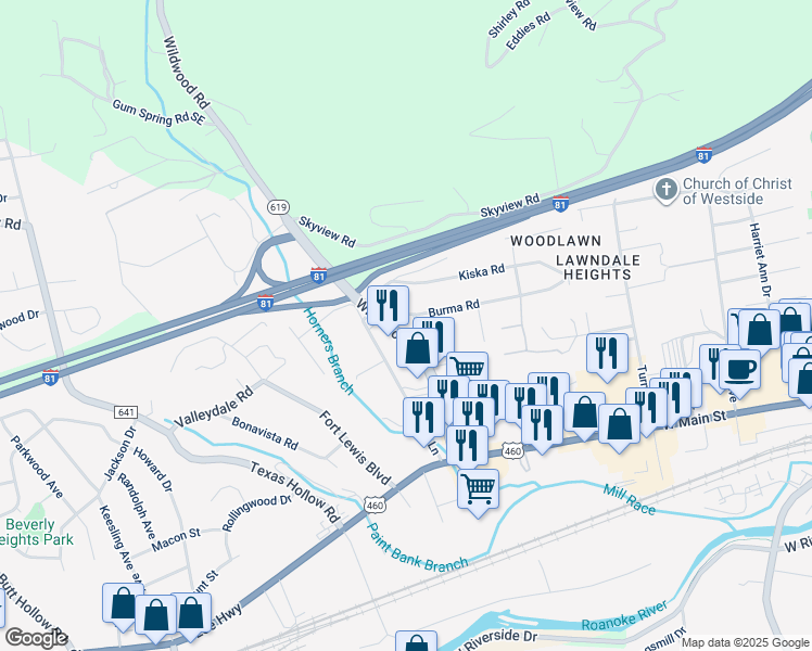 map of restaurants, bars, coffee shops, grocery stores, and more near 2000 Burma Road in Salem