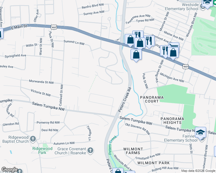 map of restaurants, bars, coffee shops, grocery stores, and more near 4504 Stonewall Road Northwest in Roanoke