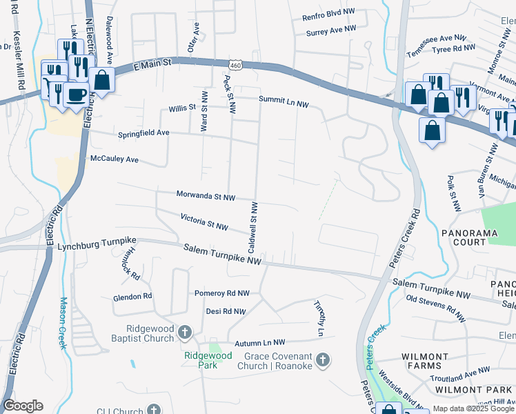 map of restaurants, bars, coffee shops, grocery stores, and more near 4946 Morwanda Street Northwest in Roanoke
