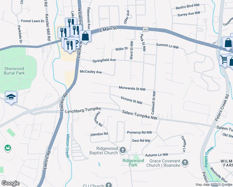 map of restaurants, bars, coffee shops, grocery stores, and more near 5237 Victoria Street Northwest in Roanoke