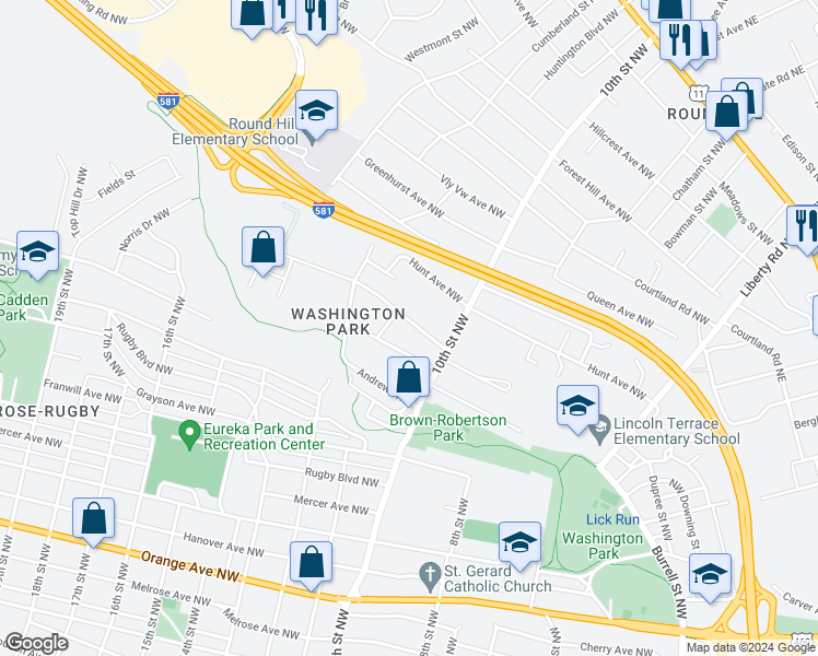 map of restaurants, bars, coffee shops, grocery stores, and more near 1040 Rockland Avenue Northwest in Roanoke