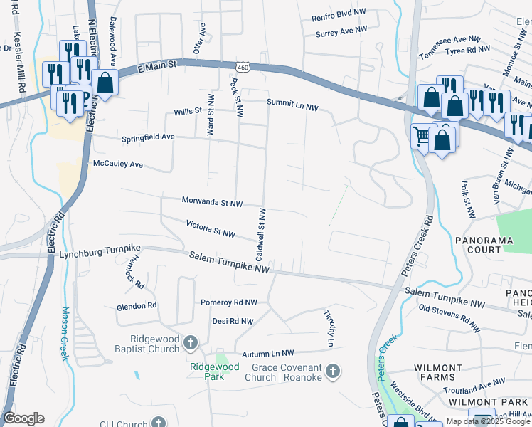 map of restaurants, bars, coffee shops, grocery stores, and more near 4946 Morwanda Street Northwest in Roanoke