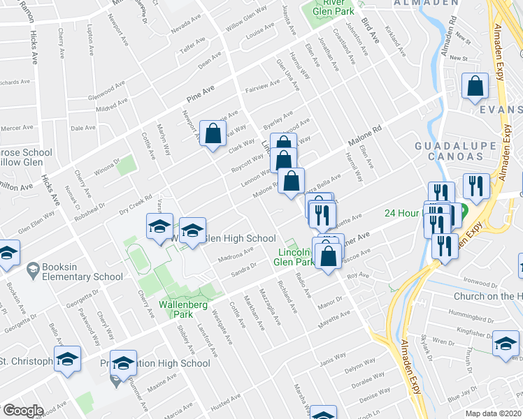 map of restaurants, bars, coffee shops, grocery stores, and more near 2069 Radio Avenue in San Jose