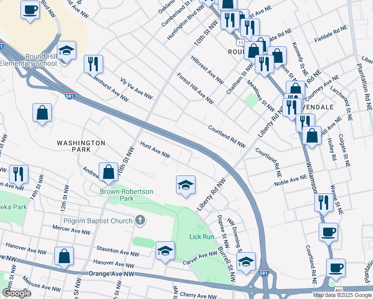 map of restaurants, bars, coffee shops, grocery stores, and more near 800 Levelton Avenue Northwest in Roanoke