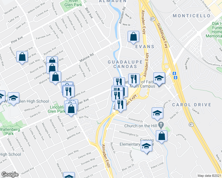 map of restaurants, bars, coffee shops, grocery stores, and more near Curtner Ave & El Rio Dr in San Jose