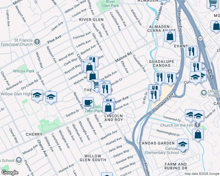 map of restaurants, bars, coffee shops, grocery stores, and more near 1062 Lincoln Court in San Jose
