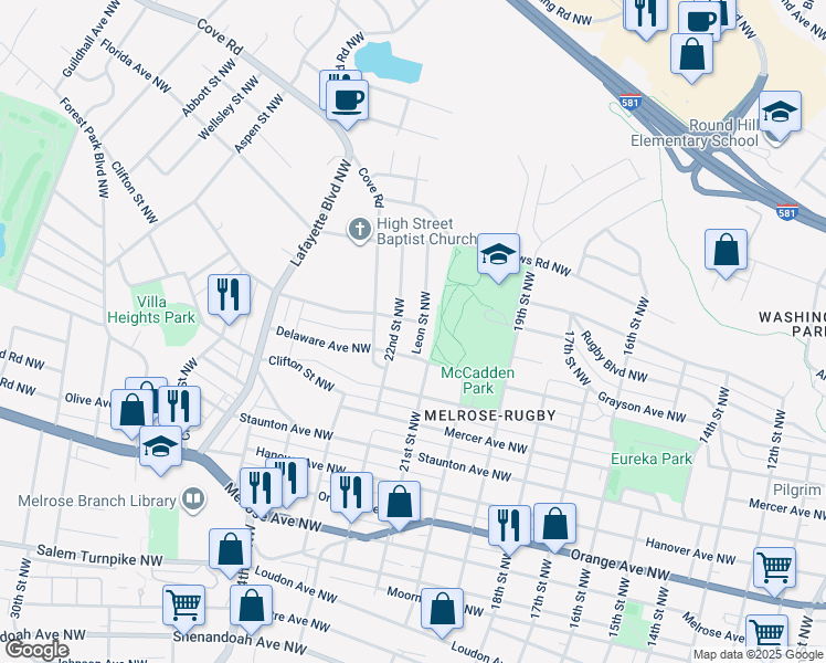 map of restaurants, bars, coffee shops, grocery stores, and more near 1322 Leon Street Northwest in Roanoke