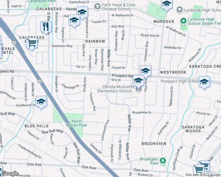 map of restaurants, bars, coffee shops, grocery stores, and more near 19557 Arden Court in Saratoga