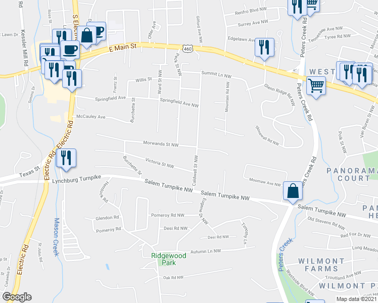 map of restaurants, bars, coffee shops, grocery stores, and more near 5014 Morwanda Street Northwest in Roanoke