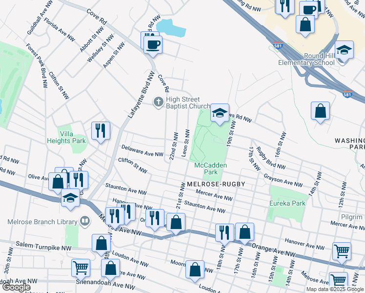 map of restaurants, bars, coffee shops, grocery stores, and more near 1322 Leon Street Northwest in Roanoke