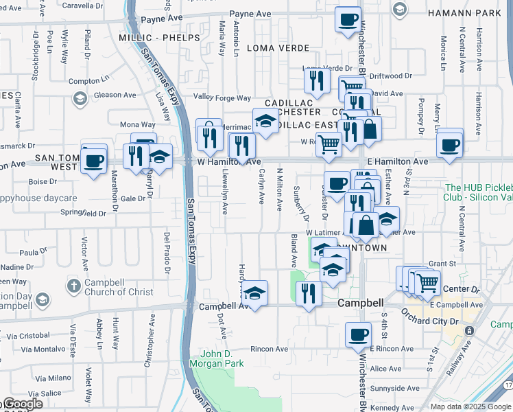 map of restaurants, bars, coffee shops, grocery stores, and more near 341 Carlyn Avenue in Campbell